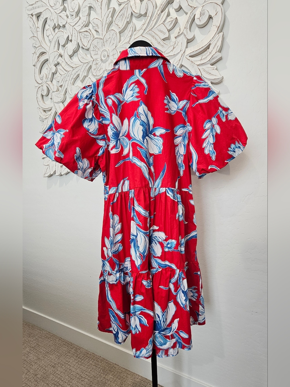 Karen Kane Red Floral Button-Front Puff Sleeve Tiered Midi Dress Women's Sz Med - Picture 4 of 9